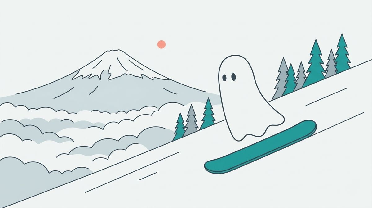 御嶽滑雪場插畫：Wraithe 幽靈吉祥物在御嶽滑雪場滑單板