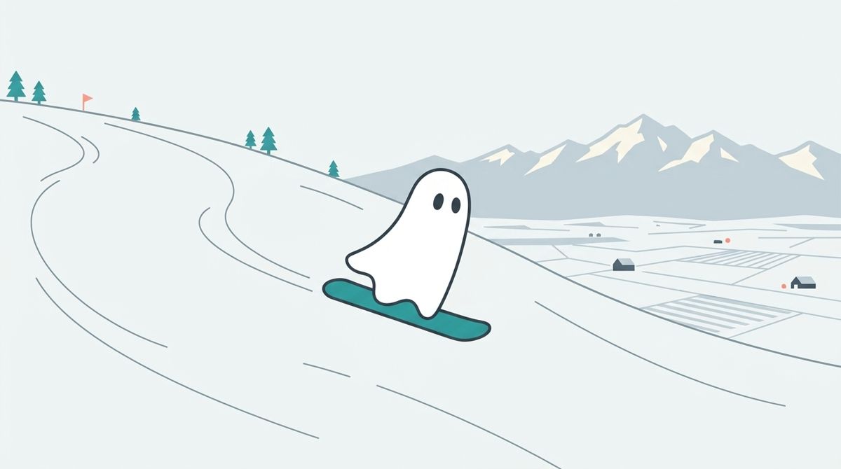 比布滑雪場插畫：Wraithe 幽靈吉祥物在比布滑雪場滑單板