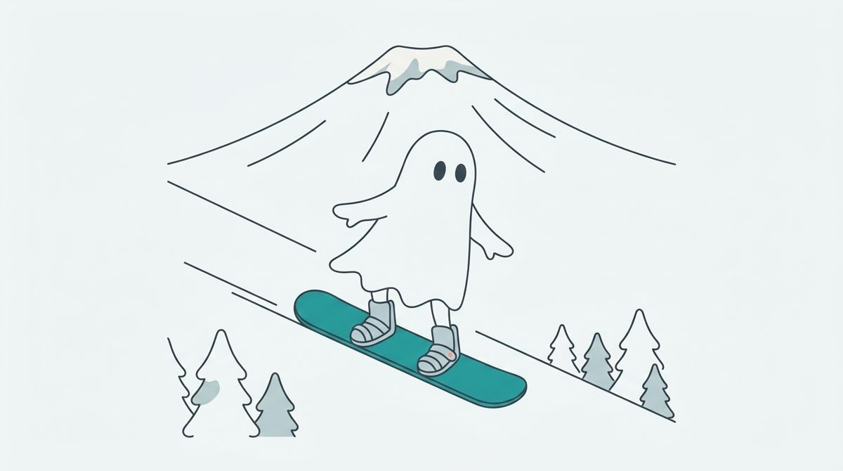雫石滑雪場插畫：Wraithe 幽靈吉祥物在雫石滑雪場滑單板